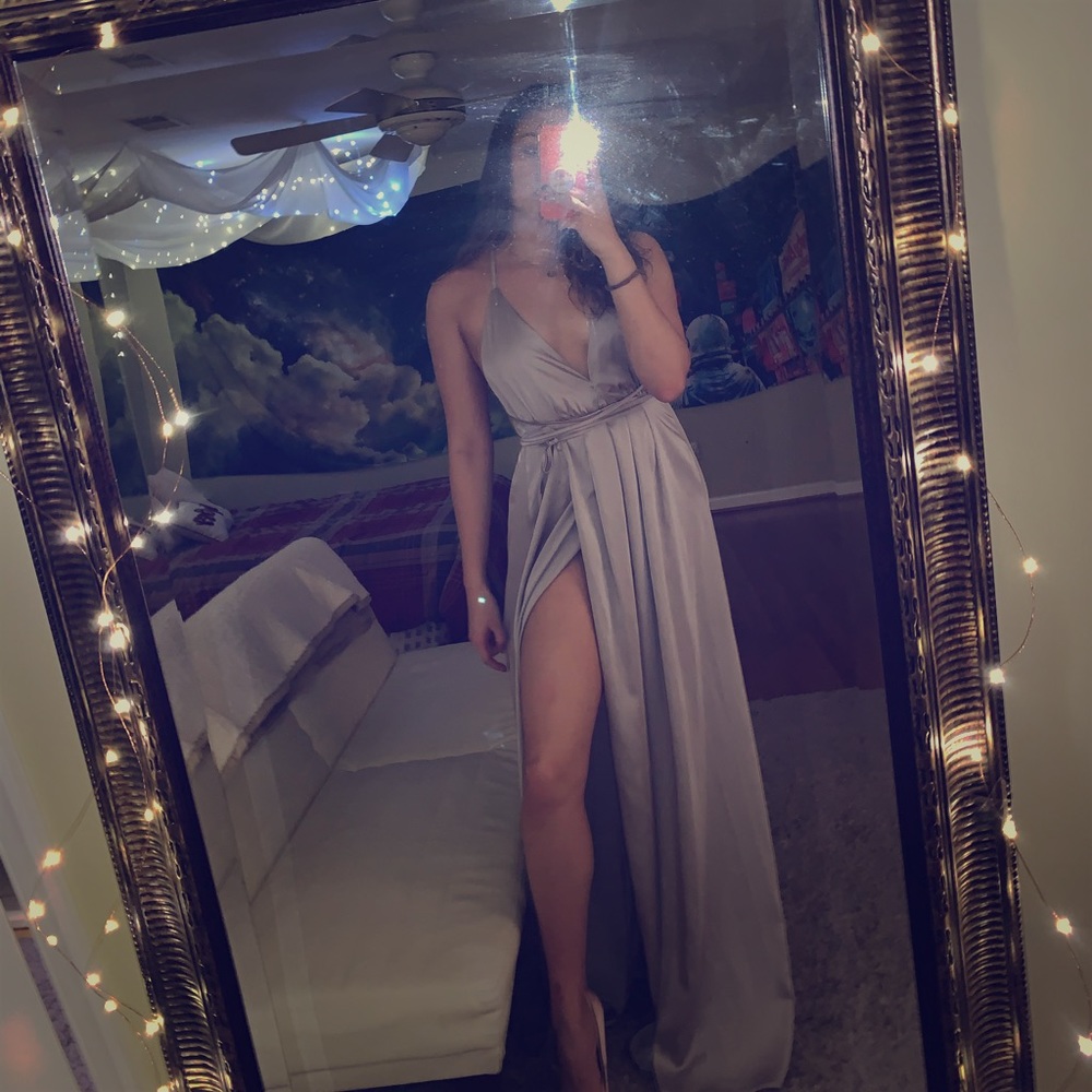 Silver silk prom dress